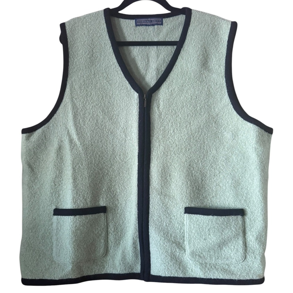 Herman Guiest Sage Green Vest Black Trim Sleeveless Sweater Knit Top Pockets